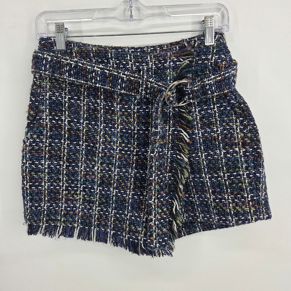 Skies Are Blue Tweed Skort XS Navy Blue Fringe Wrap Belted Academic Preppy